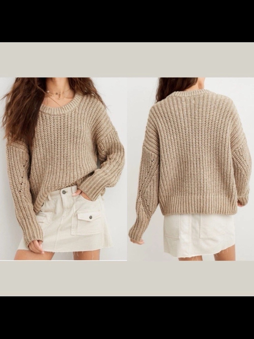 aerie Tan Khaki Oatmeal Wide Thick Cable Knit Sweater M